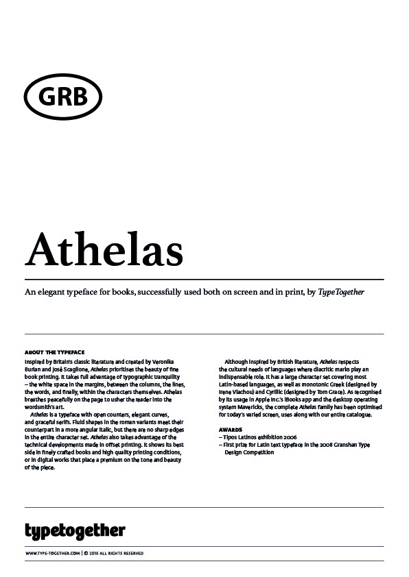 Extrait du spécimen typographique du caractère Athelas dessiné par Typetogether