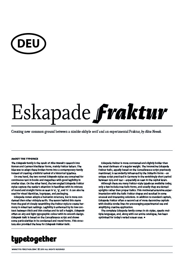 Extrait du spécimen typographique du caractère Eskapade dessiné par Typetogether