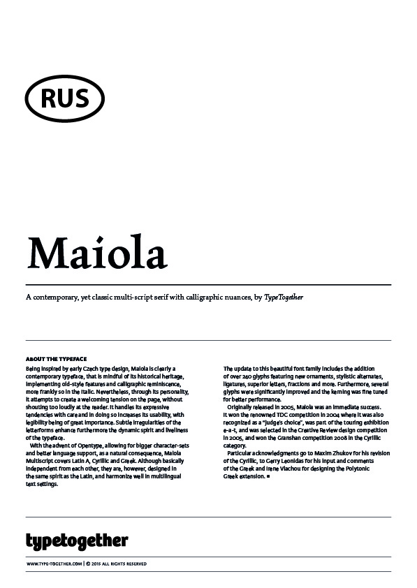 Extrait du spécimen typographique du caractère Maiola dessiné par Typetogether