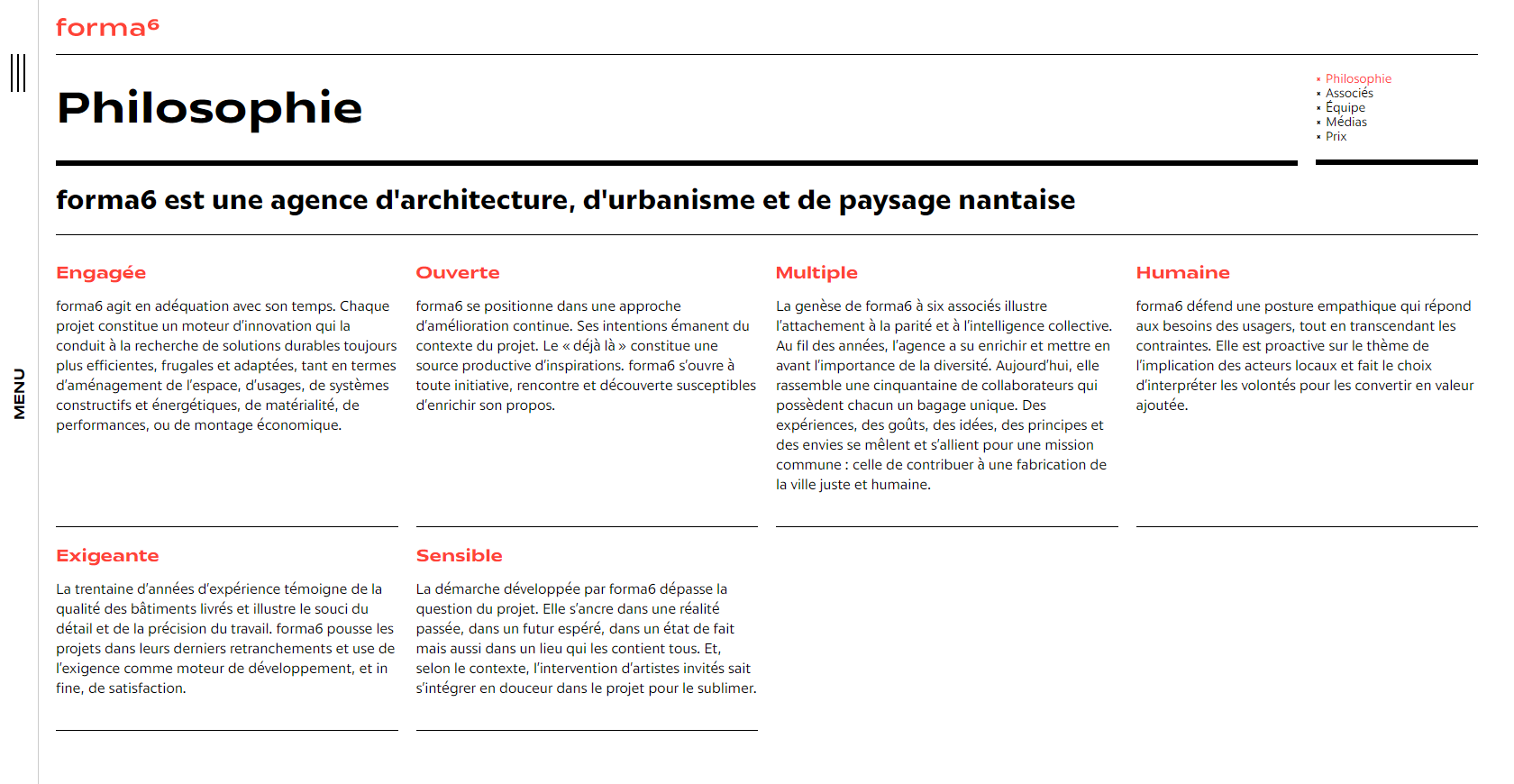 Design d'une page web du site de l'agence d'architecture forma6 basée à Nantes