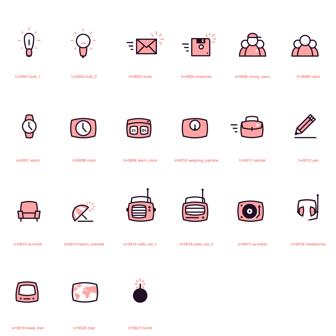 Assemble des icones dessinées spécialement pour le site de Plus Plus Prod