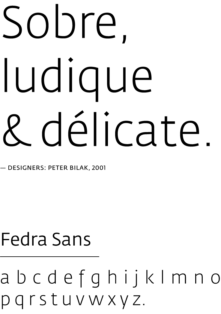 Choix typographique : Fedra Sans, dessiné par Peter Bilak en 2001. Un caractère sobre pour une communication ludique